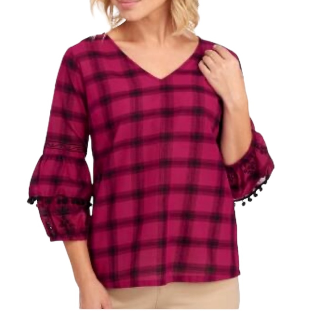 NY Collection Plaid Bell Sleeve Top Size S